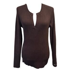 Tommy Hilfiger Ribbed Knit Top Chocolate Brown Split Neck (L) Neutral Minimalist